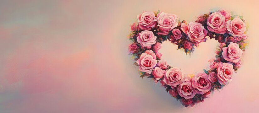 Floral heart shape made of pink roses centered on a soft pastel background providing ample space for personalization ideal for romantic themes