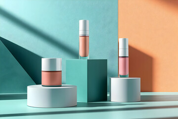 Three cosmetic product mockups on modern geometric podiums, ideal for a beauty brand showcasing skincare or makeup items.