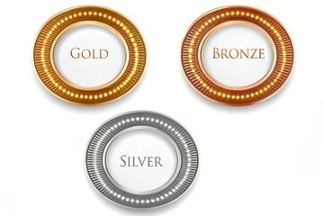Elegant Circular Award Badges Gold, Silver, Bronze Designs with Illuminated Accents