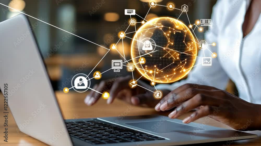 Poster hands interact with a laptop while visualizing global networking and data connections in a modern wo