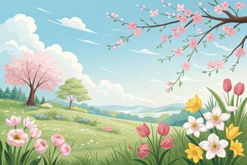 Serene Spring Meadow Landscape Featuring Blooming Trees and Colorful Flowers
