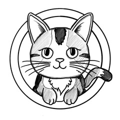 kitty cat, cartoon, cat, kitten, hand-drawn pencil drawing, illustration, black, transparent background, PNG, tattoo