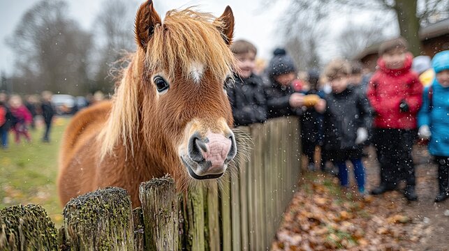 Children interact with a pony at a farm during a school outing on a chilly day