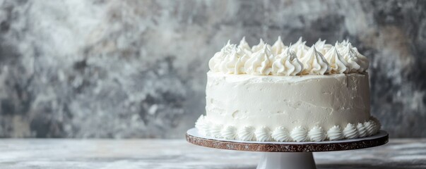 Elegant white cake with whipped cream frosting on cake stand