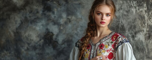 Young caucasian female in embroidered traditional attire with braided hair against artistic background