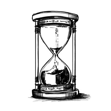 Sand timer, sandglass, hand-drawn pencil drawing, illustration, black, transparent background, PNG