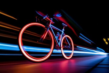 Fototapeta premium Illuminated Bicycle Trails, a vibrant display of movement captured through glowing light trails, showcasing energy and creativity from a low angle perspective.
