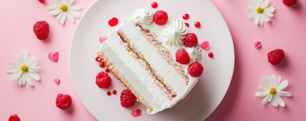 Naklejka premium Delicious raspberry cake slice on pink plate with flowers and berries
