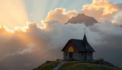 Fototapeta premium Mountaintop Chapel Sunset Cloudscape Scenic View