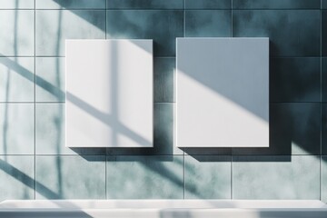 Blank canvas frames casting soft shadows on a peaceful bathroom wall adorned with tiles
