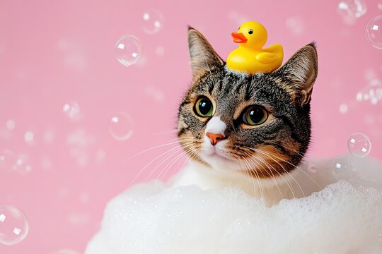 cute tabby cat with small yellow rubber duck on head on pink background with soap foam and bubbles with copy space