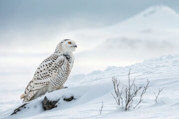 Fototapeta premium Majestic Snowy Owl Perched on a Snowy Rock in a Winter Wonderland