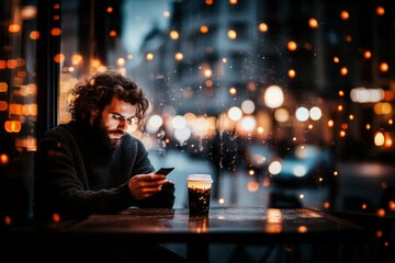 A person sitting at an empty caf&Atilde;&copy; table, staring at their phone with a longing expression, as if waiting for someone who hasn&acirc;&euro;&trade;t shown up