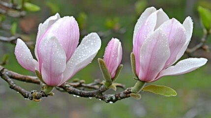 Obraz premium Pink Magnolia Blossoms with Dew Drops Spring Flowers