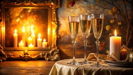Elegant champagne toast with two glasses on a luxurious tablecloth, surrounded by soft candlelight and fine art pieces, sophistication, fine dining