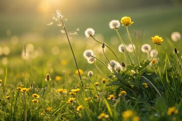 Fototapeta premium Golden Hour Meadow Delicate White Seed Heads and Sunny Yellow Wildflowers in a Lush Green Field