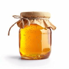 Honey jar with paper cover and string, containing golden liquid honey with air bubbles, isolated on white background