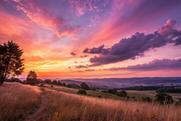 Obraz premium Serene Sunset Over Rolling Hills and Golden Fields, Painted in Vibrant Hues of Orange, Pink, and Purple