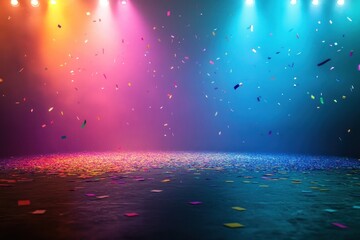 Stage with spotlights and confetti background lighting celebration.