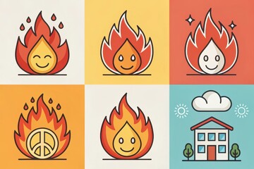 Smiling Flames  A Collection of Happy Fire Icons with a Peaceful Symbol and Home Illustration