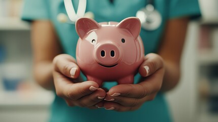 Obraz premium A Medical Doctor Holding a Piggy Bank in Their Hands, Close-Up Shot, Set Against a Hospital Office Background, Representing Healthcare Savings and Financial Management.