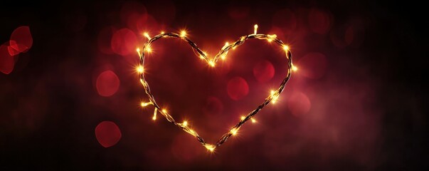 Heart-shaped string lights on red bokeh background