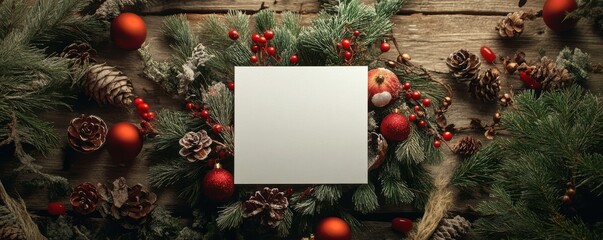 Empty white card on rustic christmas background with ornaments and pine cones