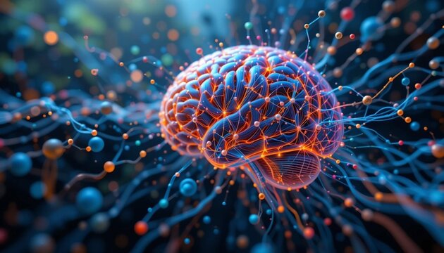 Abstract AI Brain Concept with Data Flow and Big Data Visualization.