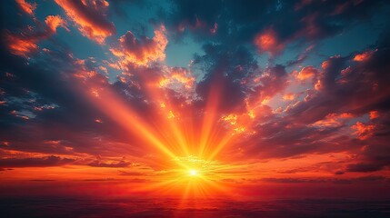 Fototapeta premium A serene sunrise scene featuring vibrant rays of sunlight radiating from the horizon,