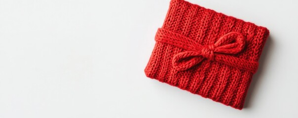 Red knitted gift box with bow on white background