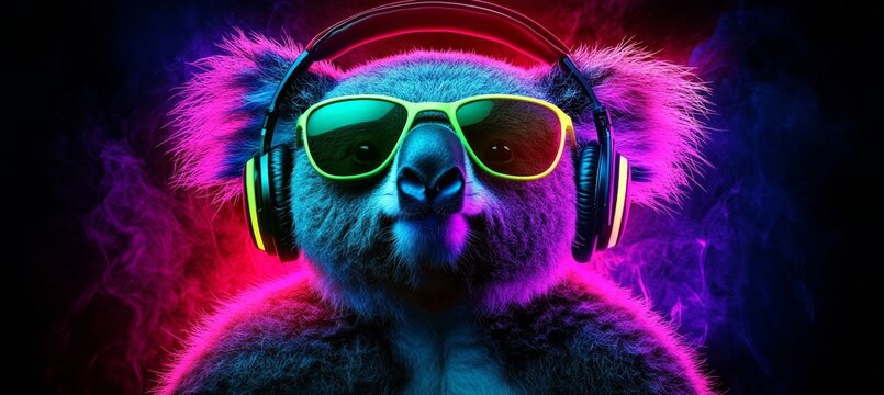 Neon Party Koala DJ, Koala with Headphones, Sunglasses, Neon Lights, Electronic Music Party