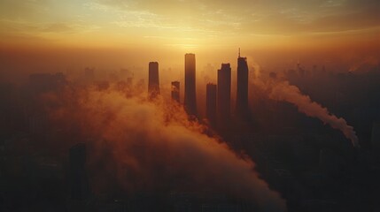 Silhouette Against an Orange Sky with Dark Smoke Billowing from Industrial Chimneys, City Skyline in the Background, Representing Environmental Pollution and Air Degradation.