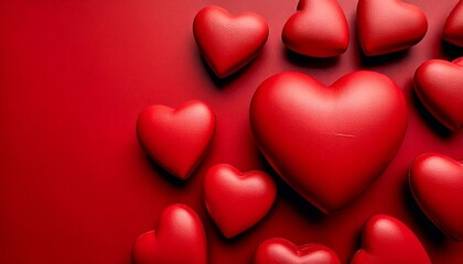 A romantic background with red 3D hearts set against a red backdrop, offering space for your personalized message