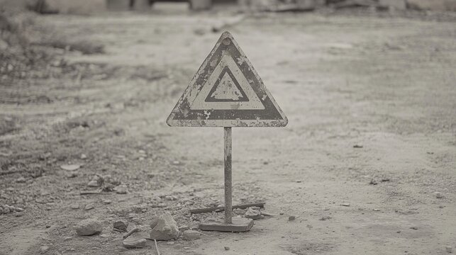 Weathered triangular warning road sign on a dirt road.