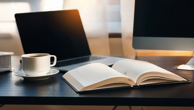 detalle de un escritorio en una agencia con una taza de cafe y un libro abierto entre un ordenador y una libreta