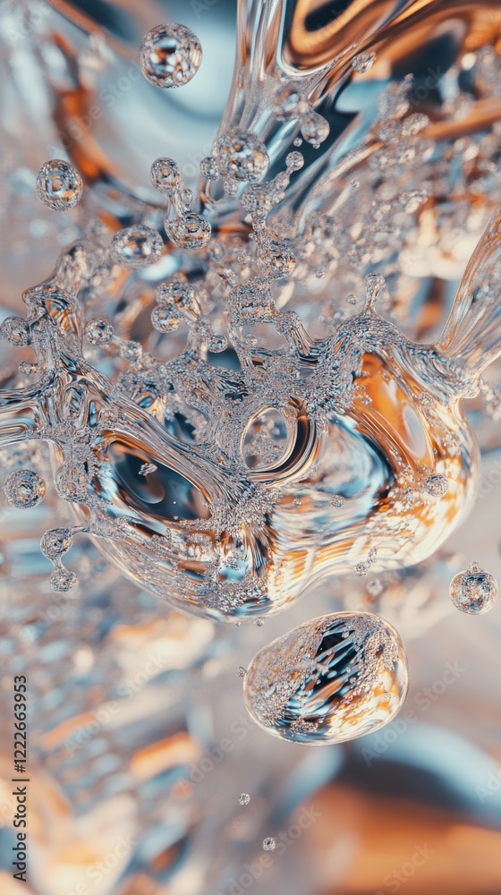Wall mural droplets frozen mid-collision, surreal liquid structures creating intricate reflections and patterns