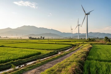 Serene Sunrise Over Lush Rice Paddies and Wind Turbines