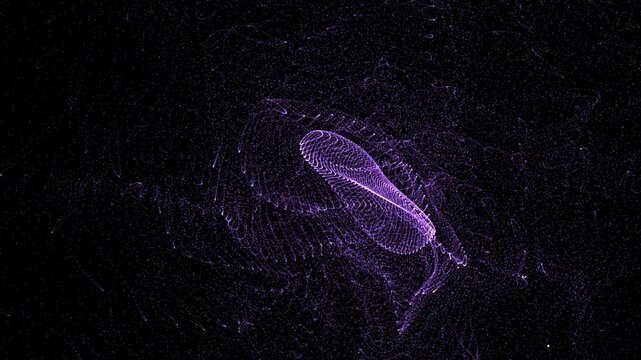 Purple wireframe figure formed by countless tiny particles drifting in darkness