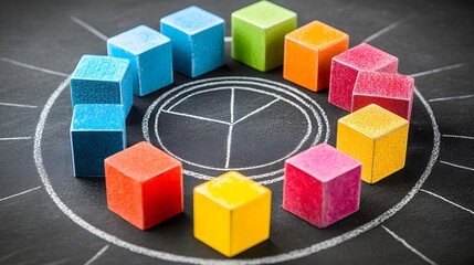 Obraz premium Colorful Wooden Blocks Forming Pie Chart on Blackboard