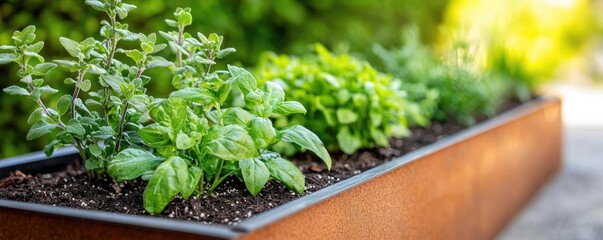 Gardening landscaping idea. Fresh herbs growing in a wooden planter, vibrant green leaves and healthy growth.