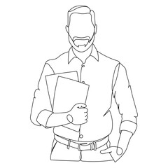 Dessin en ligne continu d'un homme en chemise portant des documents, métier de l'enseignement, présentation commerciale, administration, line art, vecteur