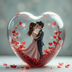 Valentine's Day scene - Toy figurines of a young couple inside a glass heart.