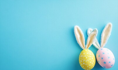 Easter party concept. Top view photo of easter bunny ears white pink blue and yellow eggs on isolated pastel blue background