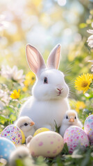 A cheerful Easter Bunny in a garden setting, surrounded by chicks and decorated eggs