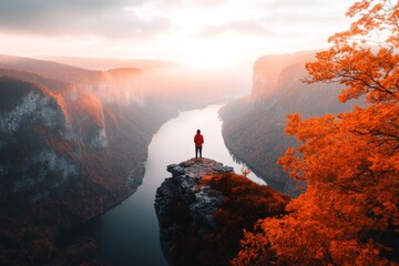 A person standing at the edge of a cliff at sunset, gazing longingly at the horizon with an expression of hope and sorrow