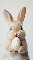 Obraz premium A close-up portrait of an adorable Easter Bunny, holding a single painted Easter egg, against a white background