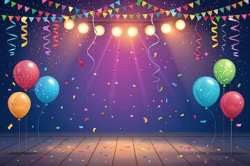 A Festive Celebration Stage Backdrop with Balloons and Confetti