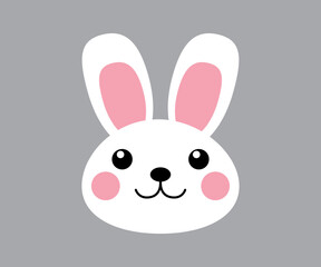 Minimalist bunny face kawaii illustration. Rabbit smiling head character, animal avatar icon, sticker on a gray background.