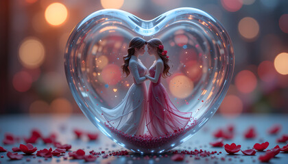 Valentine's Day scene - Toy figurines of a young couple inside a glass heart.