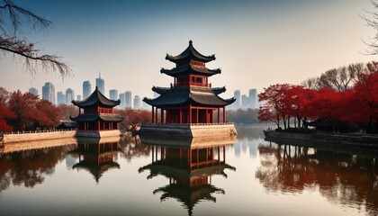 Naklejka premium The silhouette of the ancient building in China